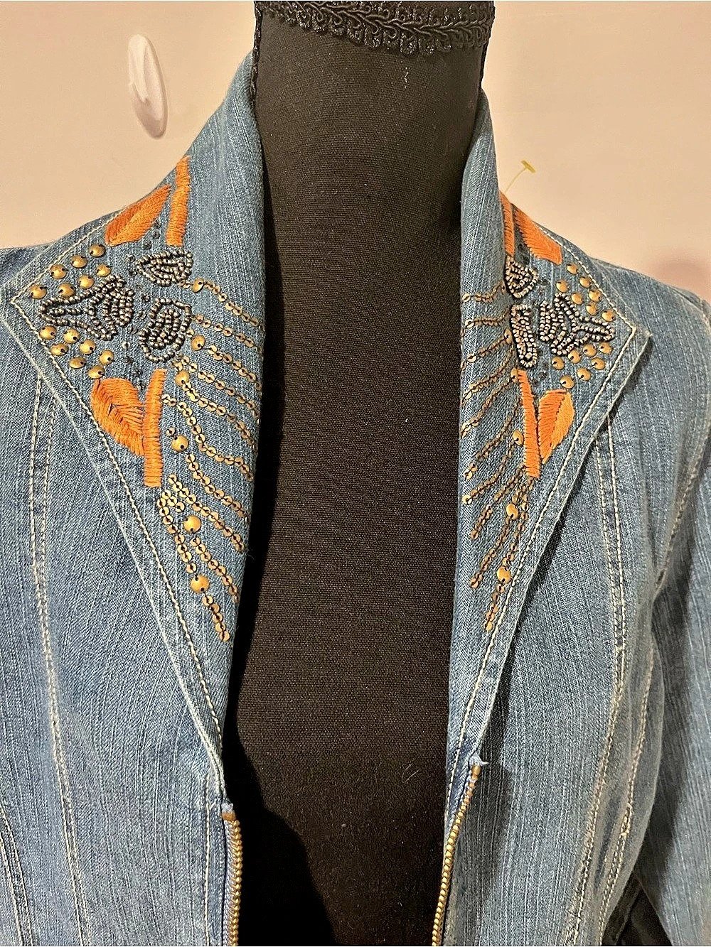 Embroidered Denim Zip-Up Jacket - Picture 4 of 9